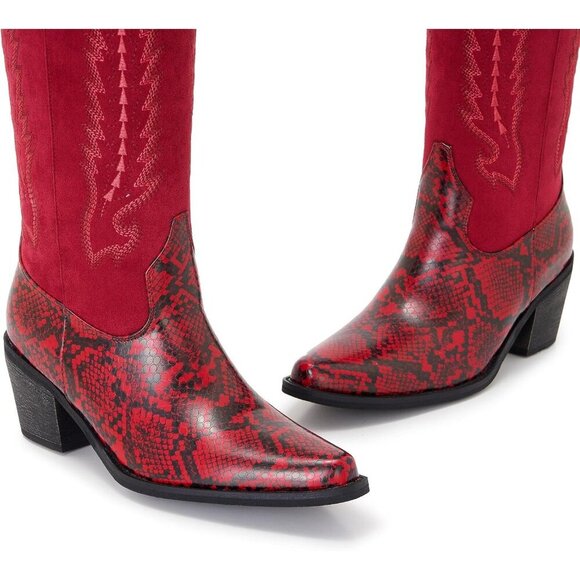 Women's Red Western Side Zipper And Snakeskin Embossed Leather Cowgirl Boots - Picture 2 of 7